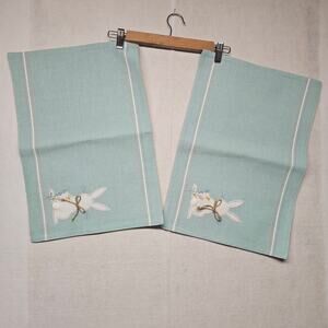 Vintage Easter Bunny Embroidered Placemats Set Mint Green Plaid Checked 2pc